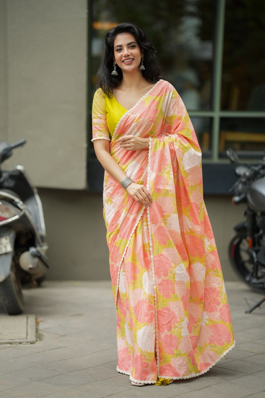 Lime yellow silk & netted hand work blouse (only blouse)