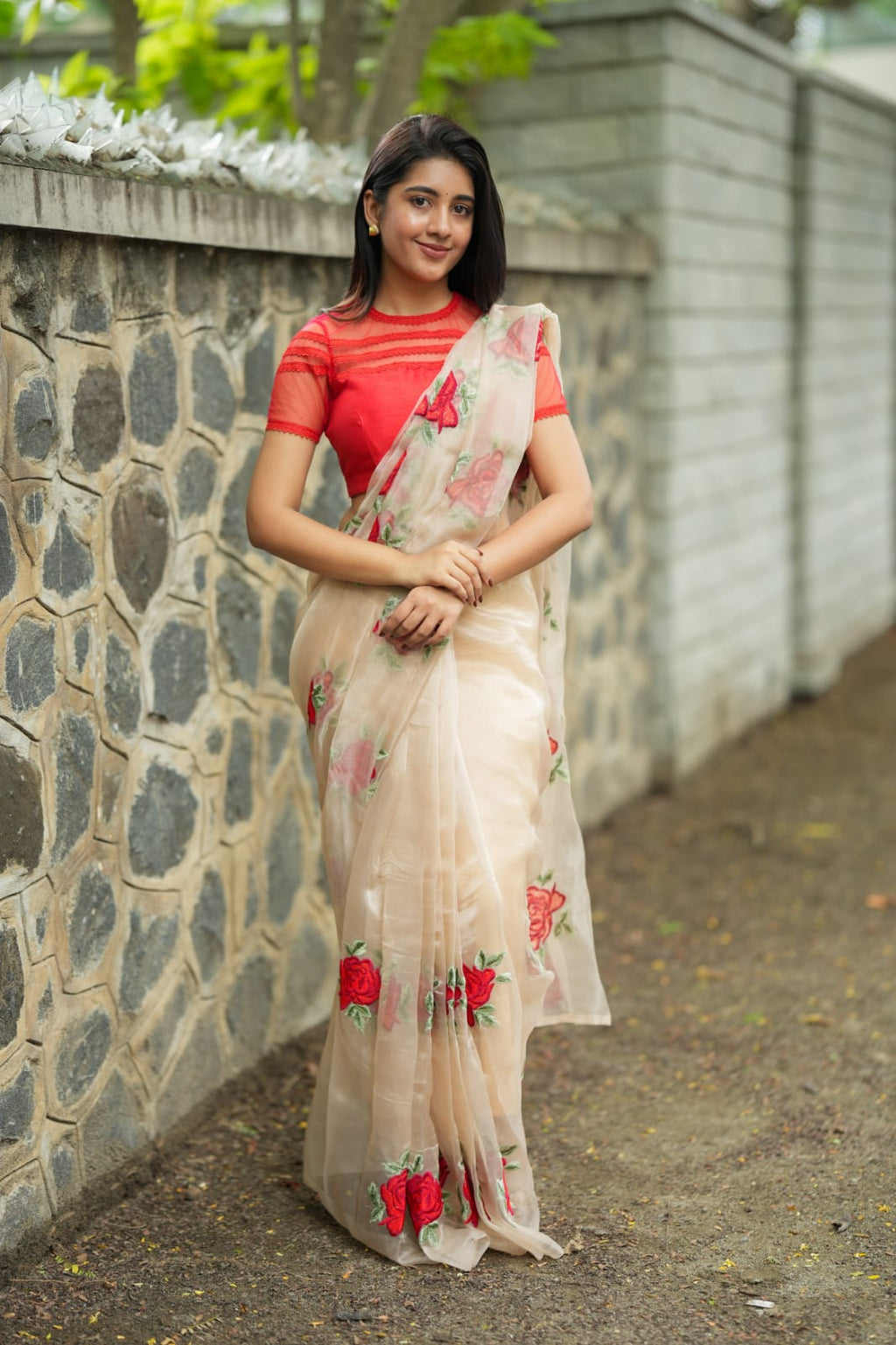 Glossy organza saree with red embroidery blouse