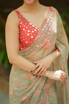 Red silk mirror hand work blouse (only blouse)