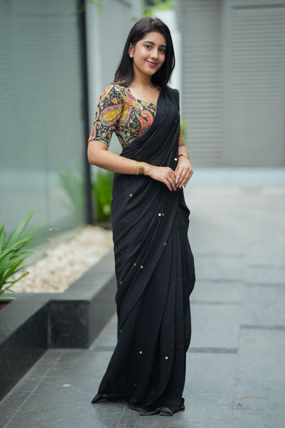 Black malai chanderi saree with heavy embroidery blouse