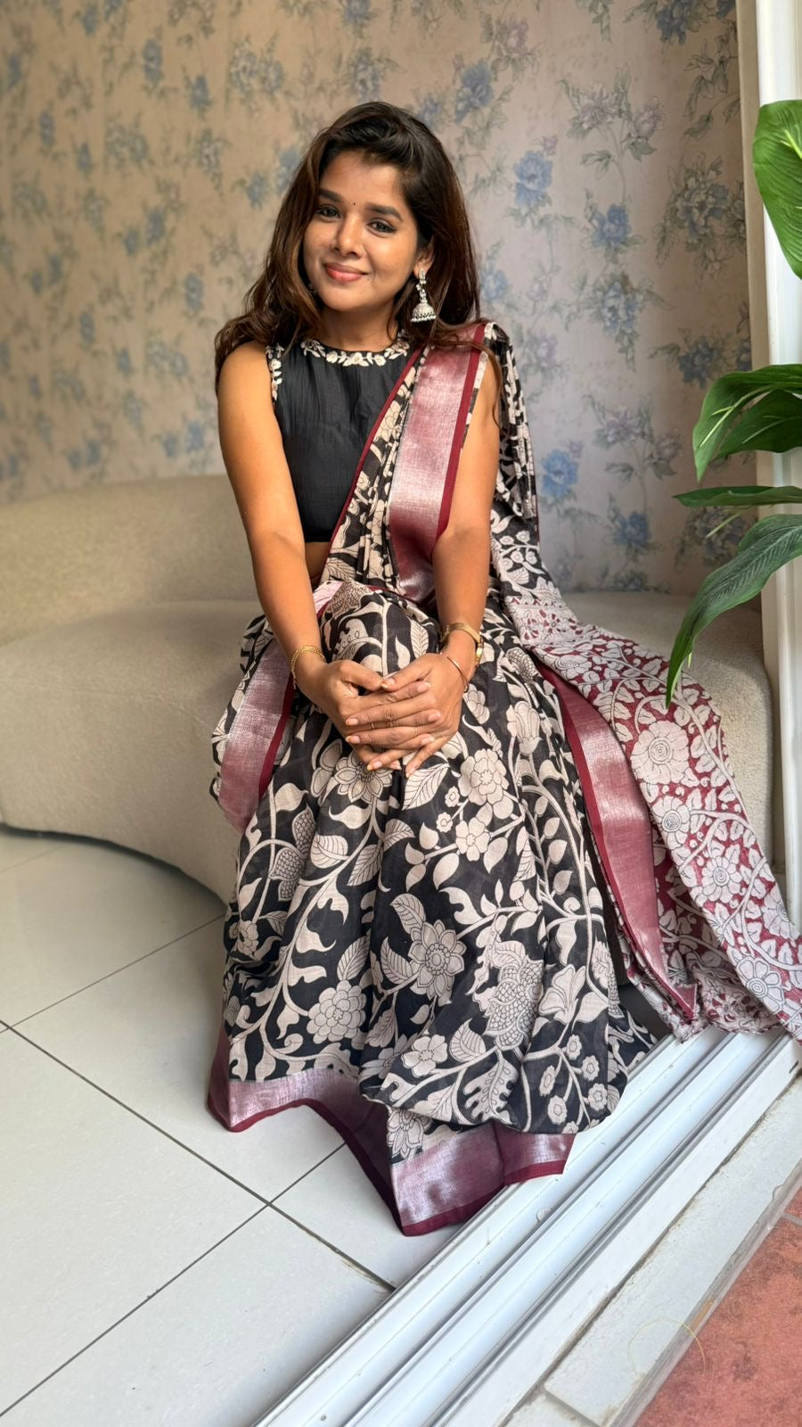Black linen cotton kalamkari saree with embroidery blouse