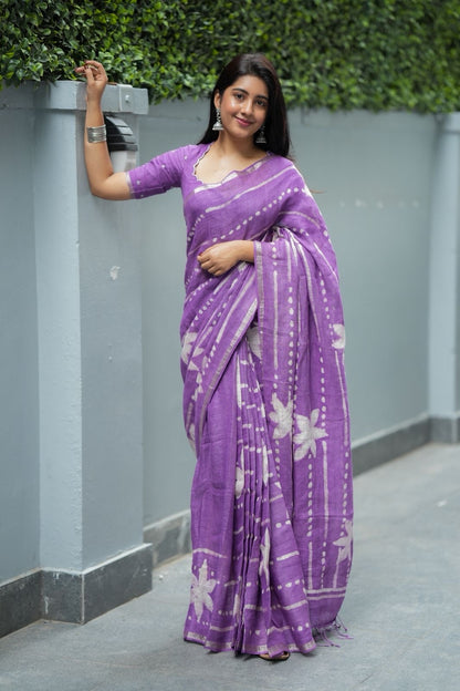 Purple linen floral saree with hand work blouse