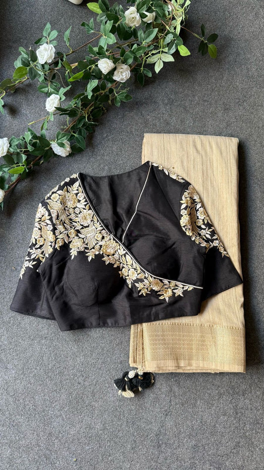 Golden cream tissue saree with black hand work blouse