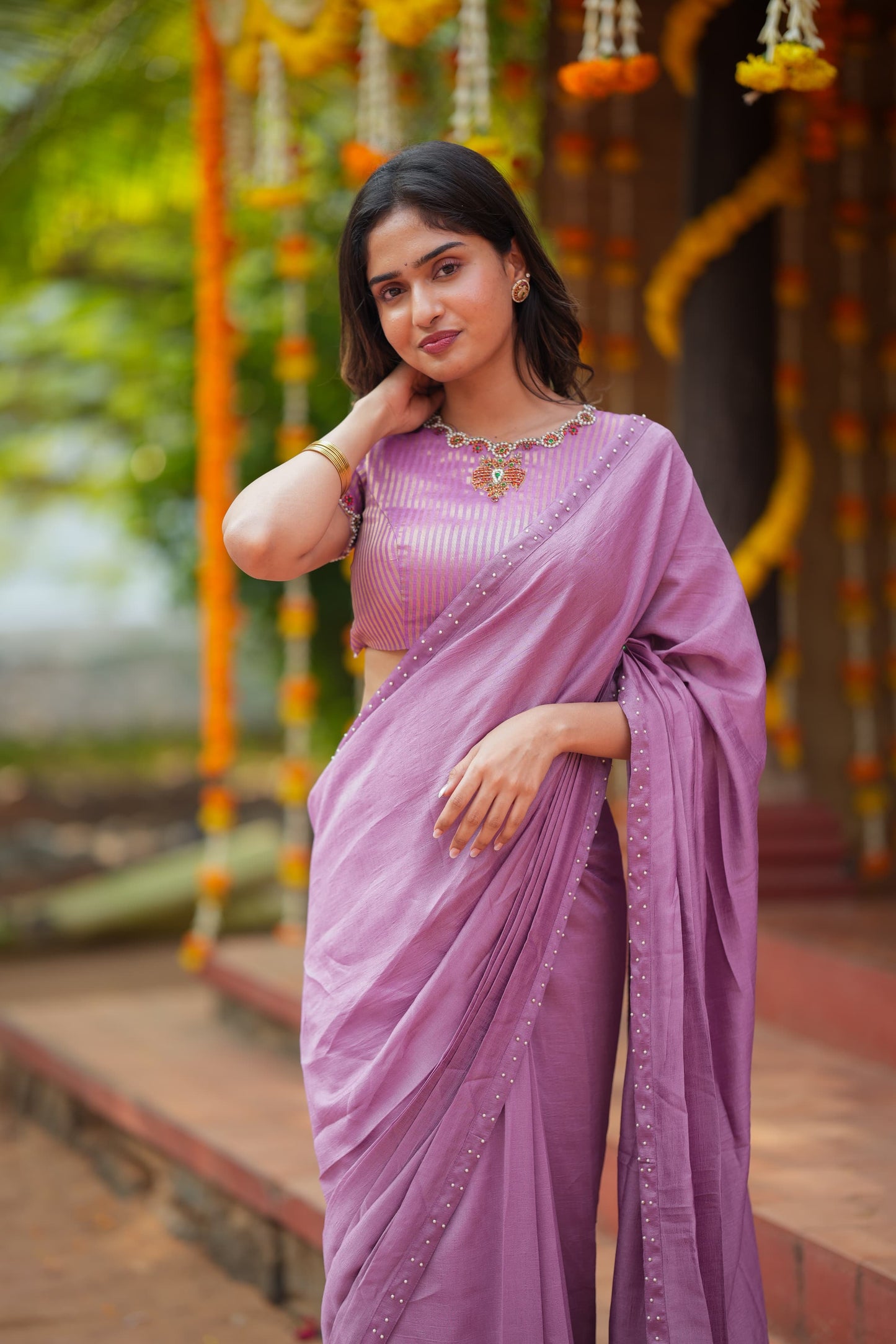 Lavender marble saree with Jewel neck handwork blouse