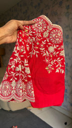 Cream tissue stripped saree with red silk hand work blouse