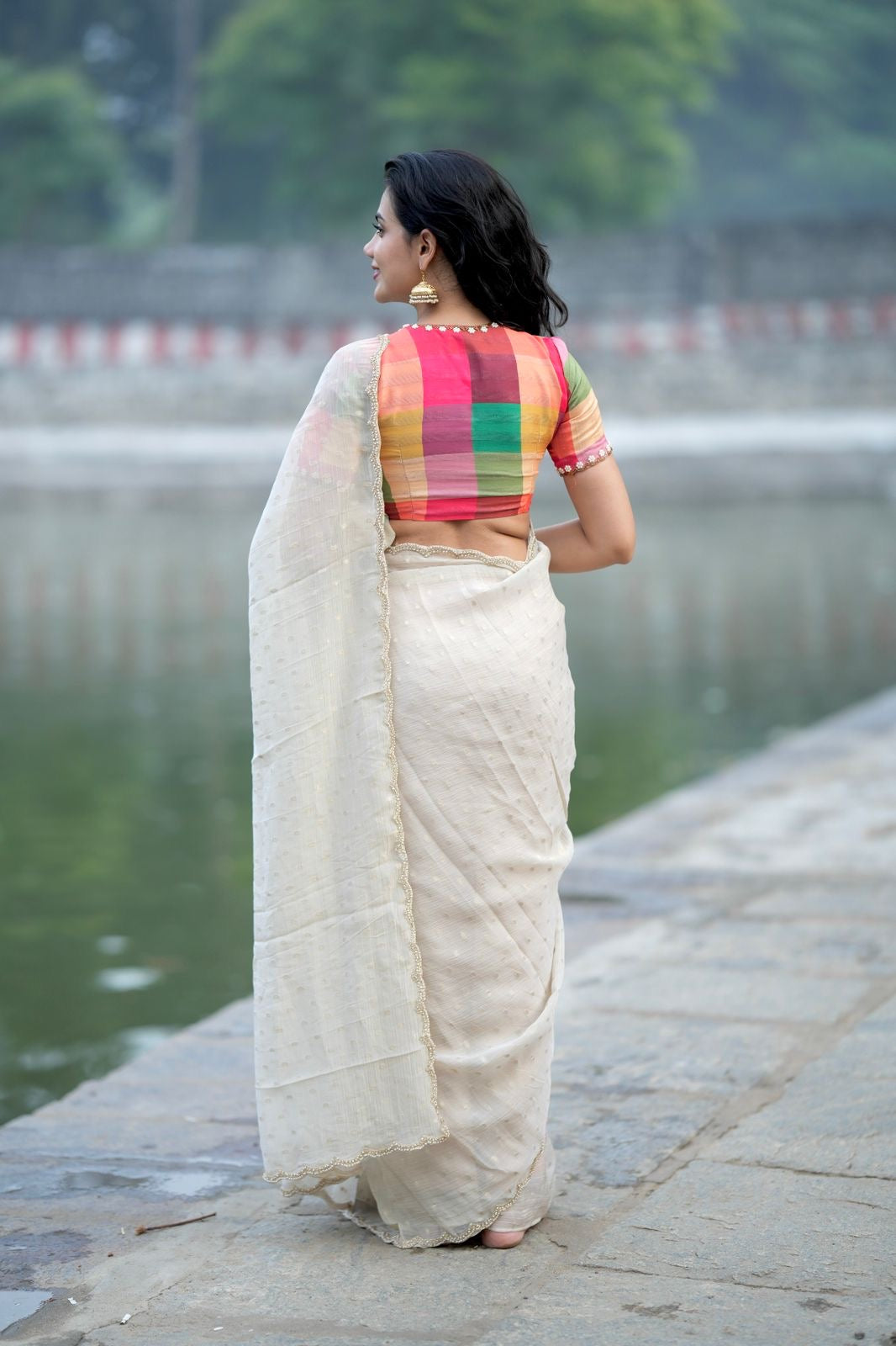 Beige georgette tissue saree with multi hand work blouse