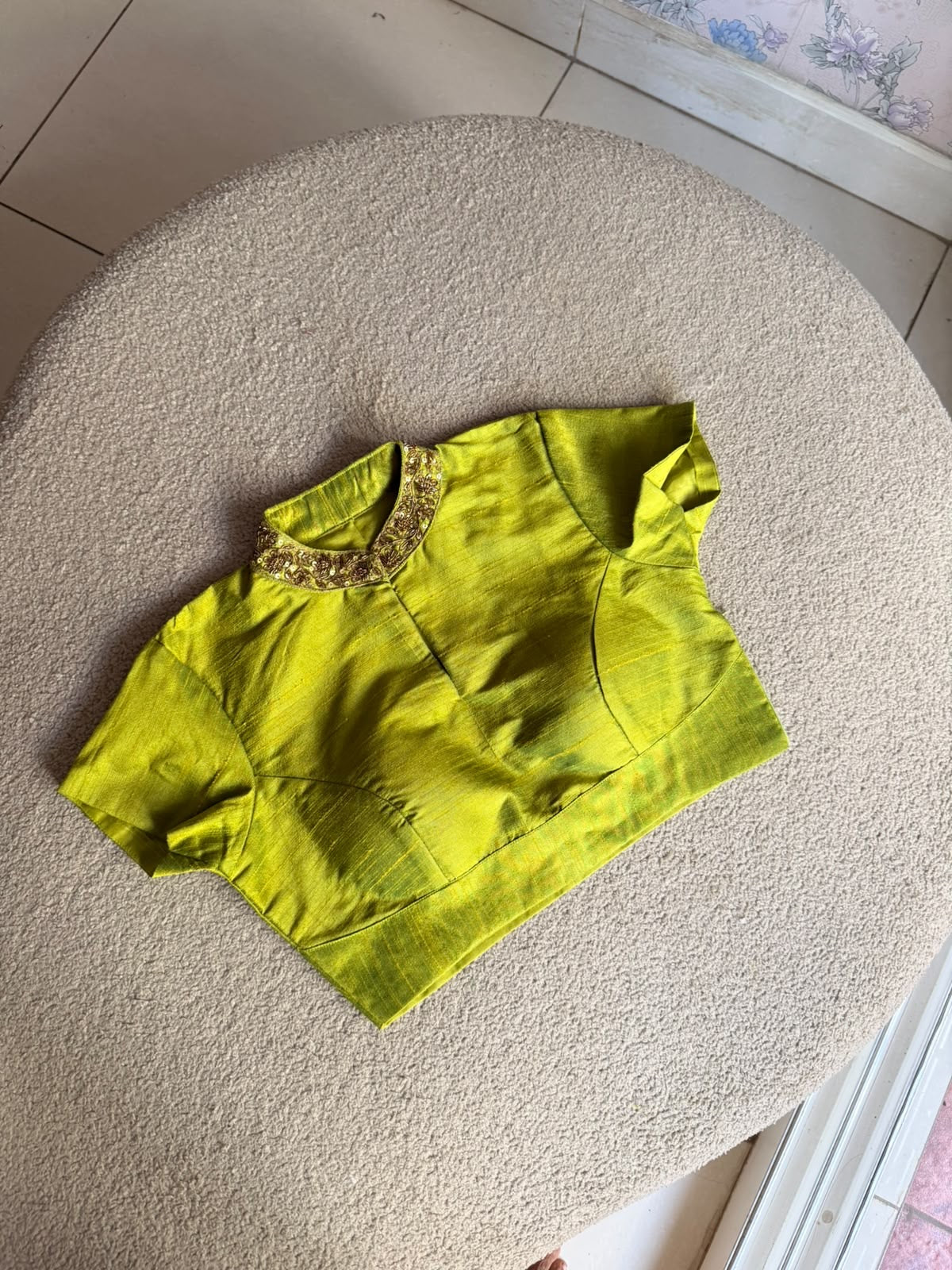Lime green silk collar hand work blouse