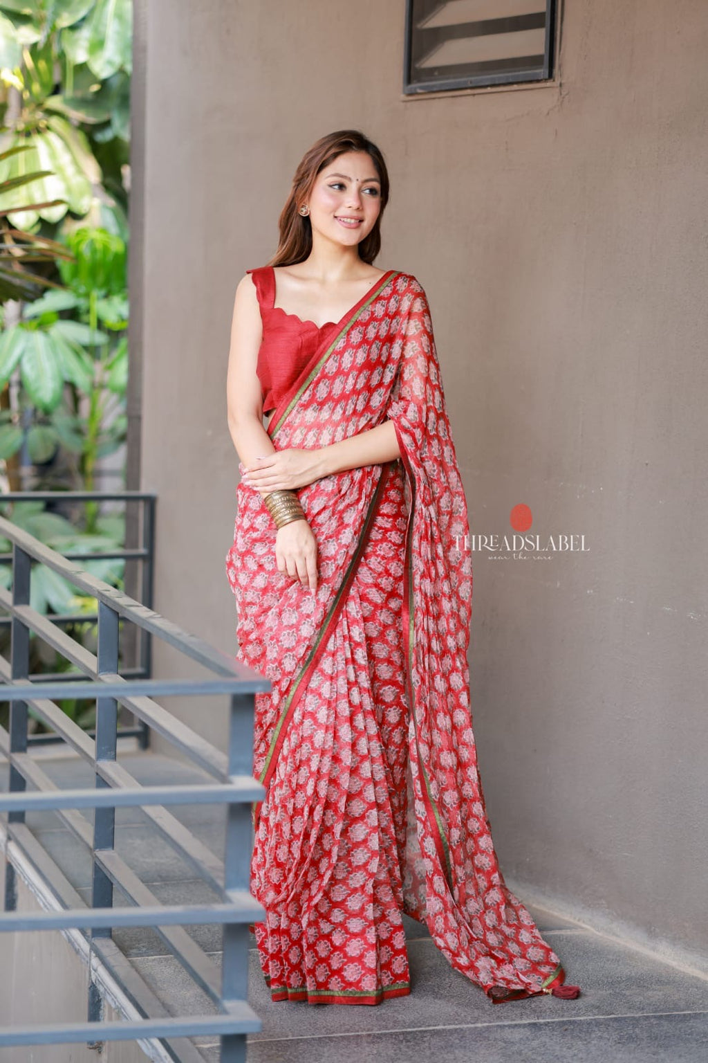 Red cotton kota saree with hand work blouse