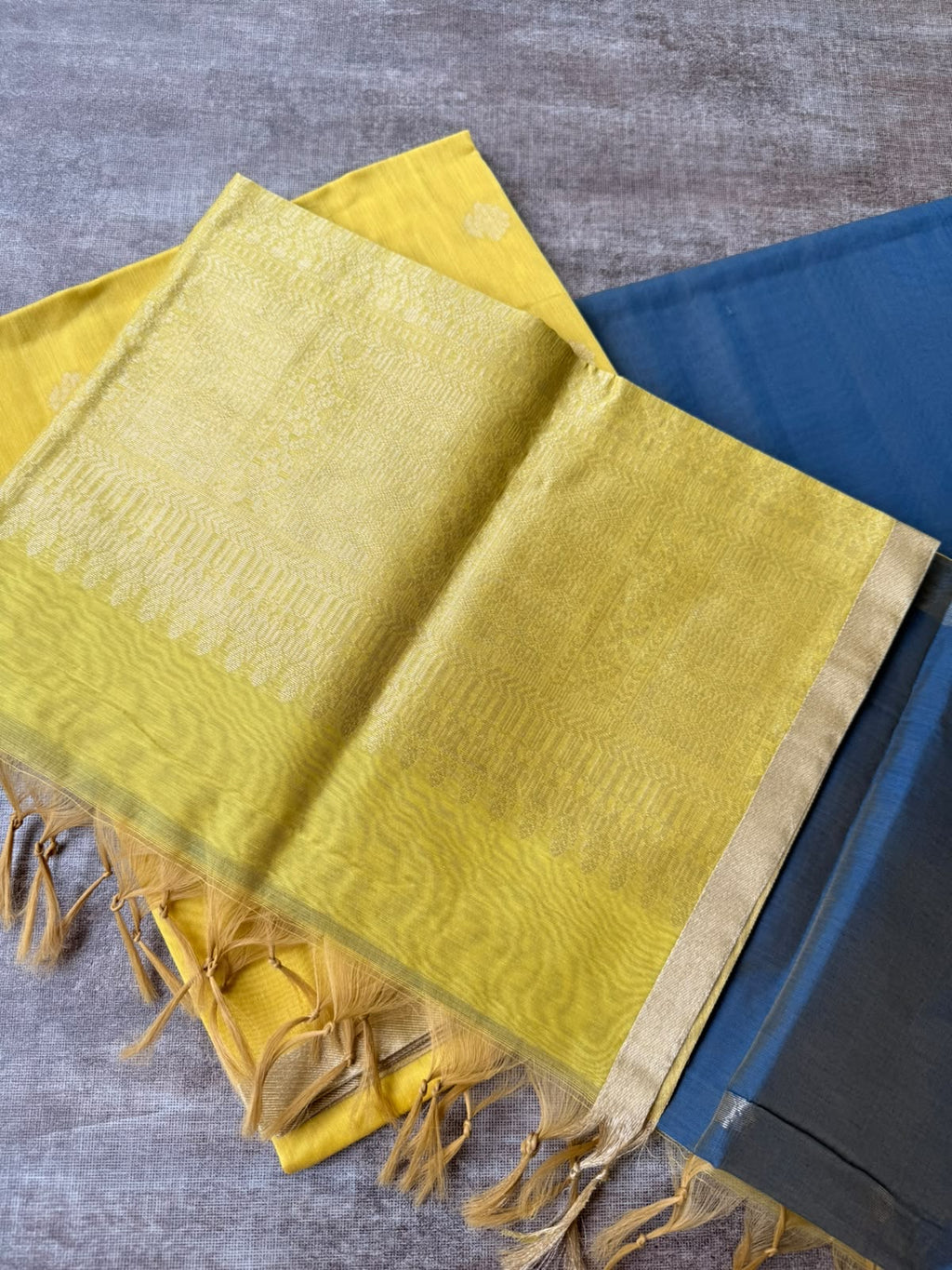 Yellow & blue chanderi 3 piece kurti
