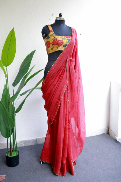 Red chanderi cotton saree with kalamkari handwork blouse