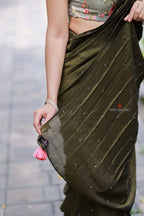 Bottle green Marble Saree with Handwork Blouse