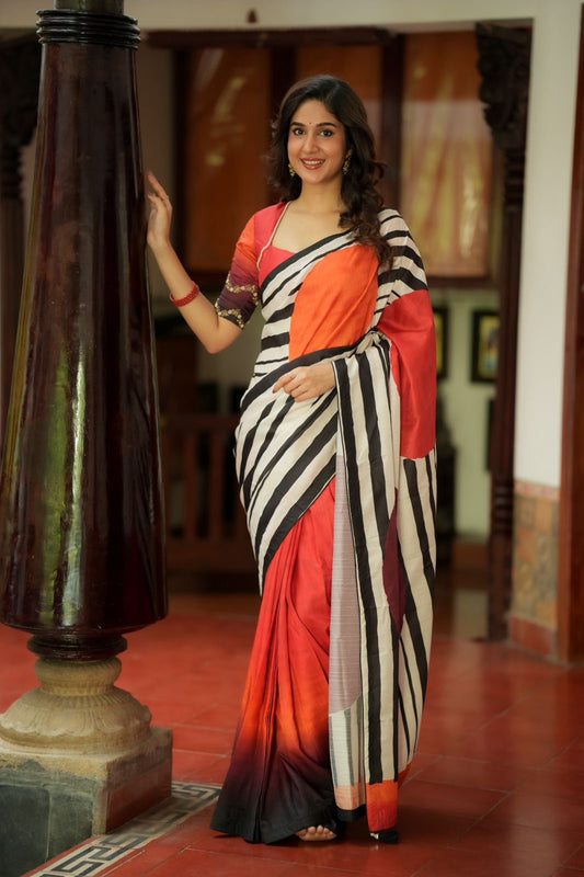 Black & white stripped kossa designer saree