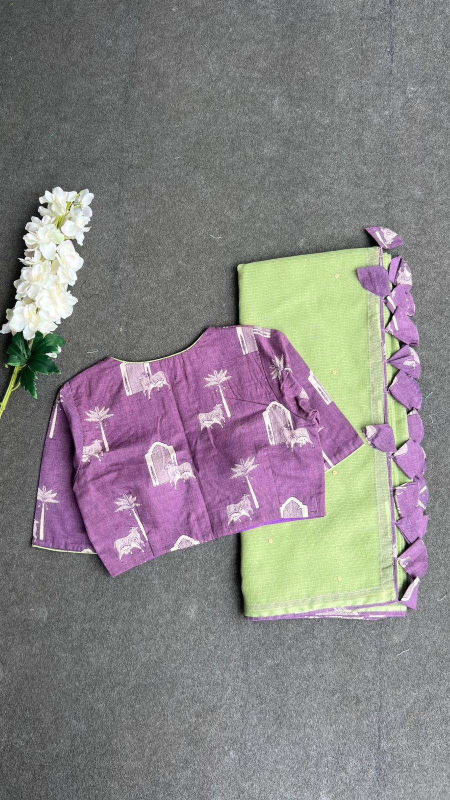 Parrot kota saree with lavender cotton blouse