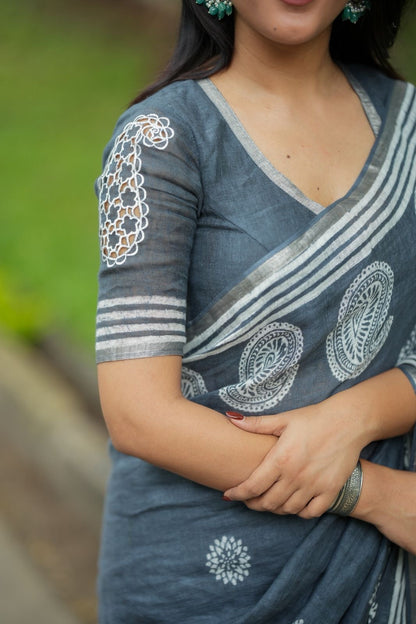 Grey linen floral printed designer saree