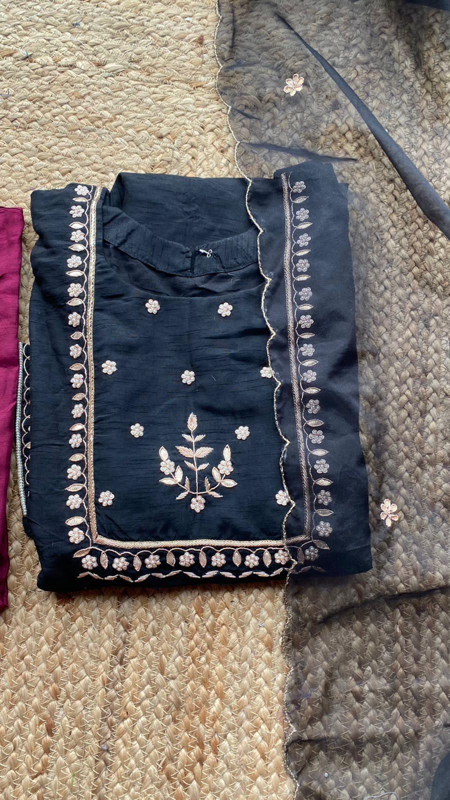 Black silk hand work embroidery 3 piece kurti set - Threads