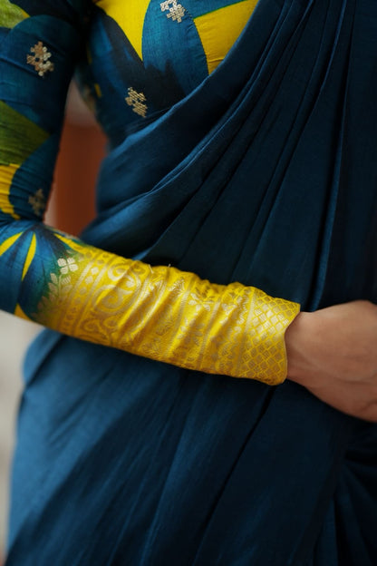 Deep blue marble silk saree with embroidery blouse