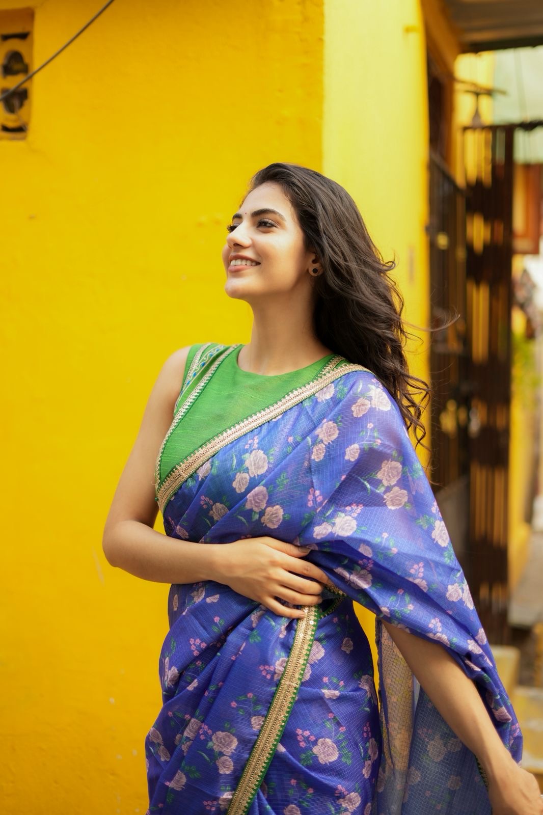 Blue kota saree with green hand work blouse