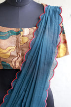 Blue malai cotton saree with kalamkari handwork blouse