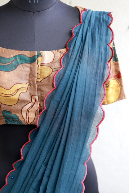 Blue malai cotton saree with kalamkari handwork blouse