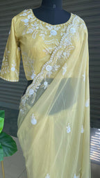 Banana yellow organza saree with silk embroidery blouse