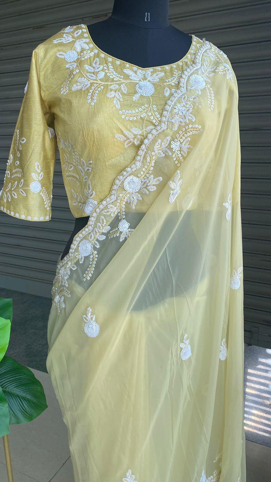 Banana yellow organza saree with silk embroidery blouse