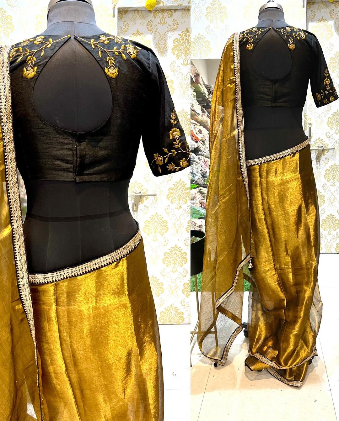 Gold tissue saree with black hand worked blouse