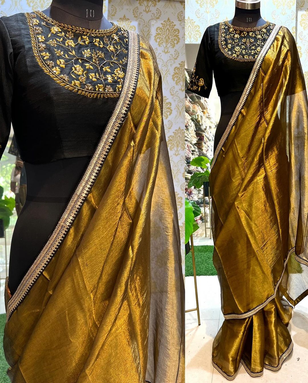 Gold tissue saree with black hand worked blouse