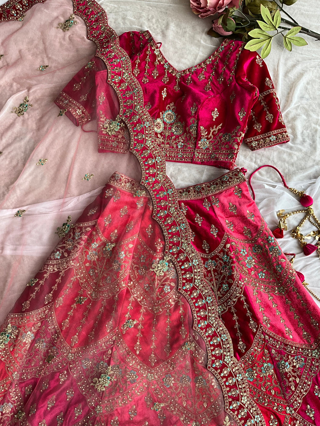 Red velvet heavy hand worked ethnic Lehenga