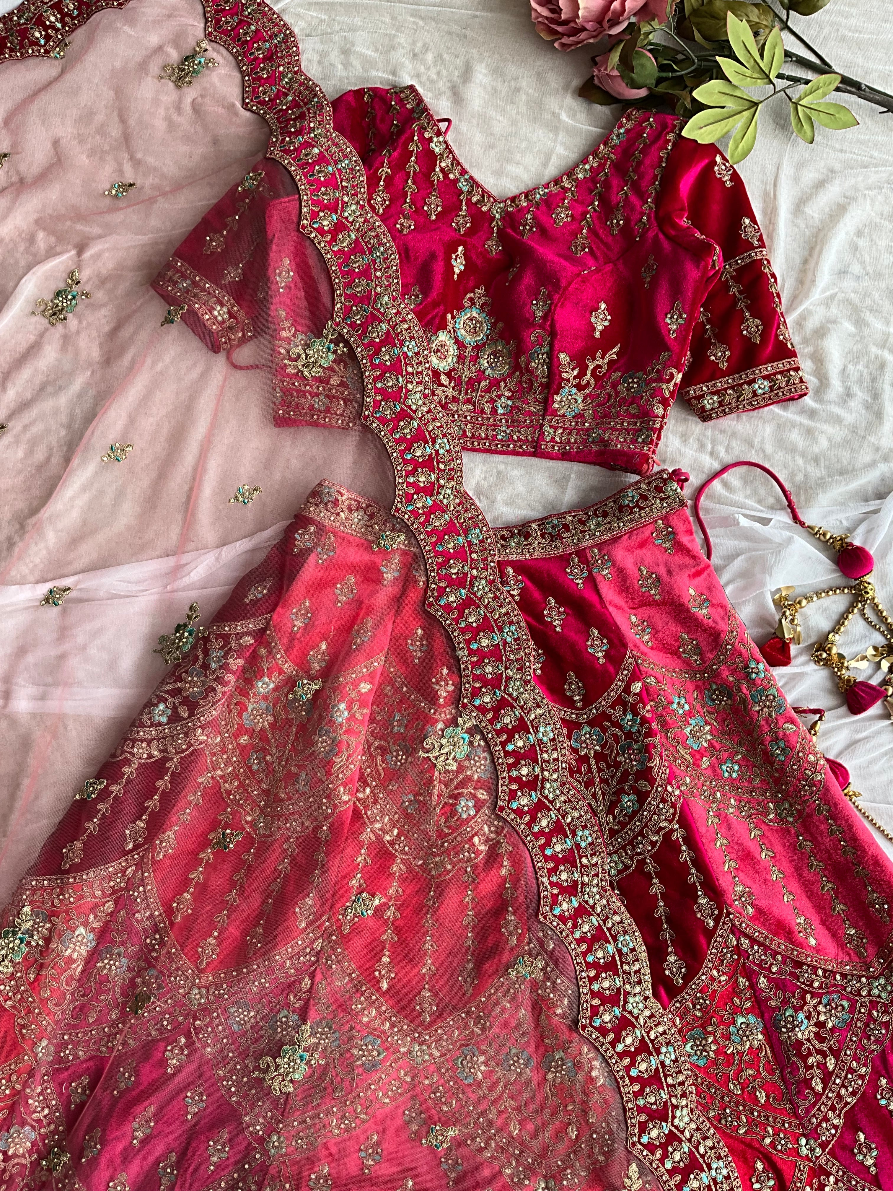 Red velvet heavy hand worked ethnic Lehenga