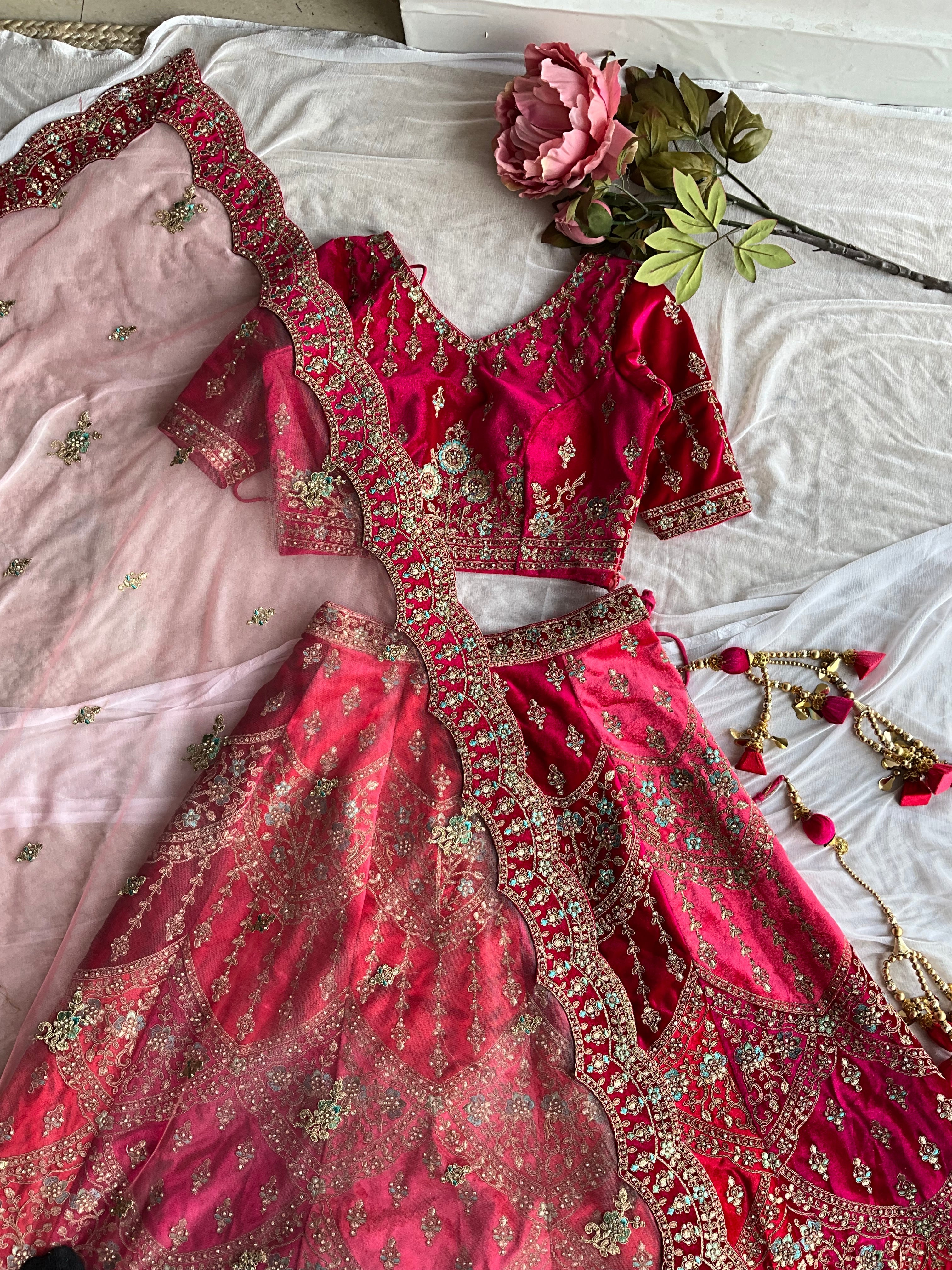 Red velvet heavy hand worked ethnic Lehenga