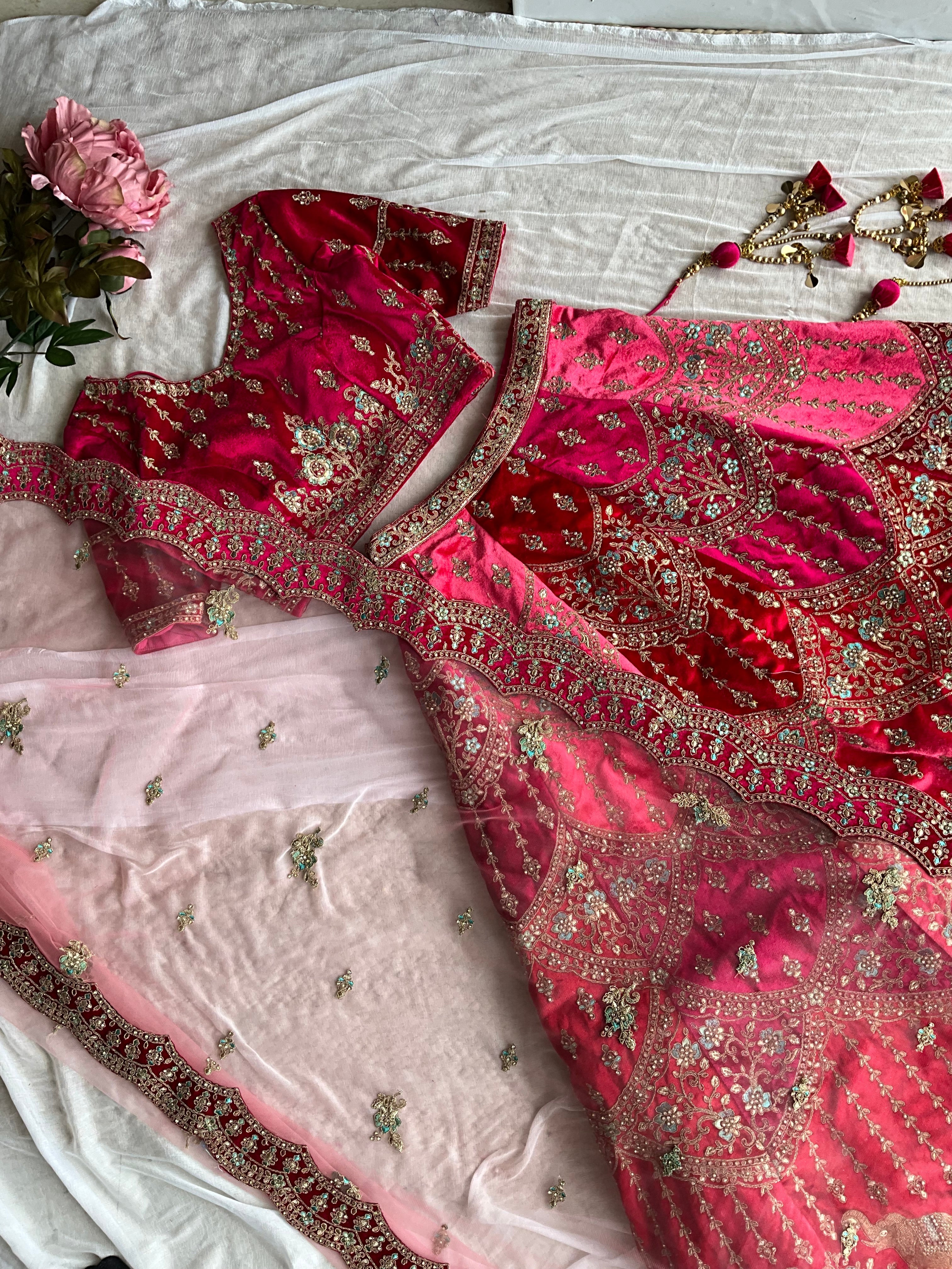 Red velvet heavy hand worked ethnic Lehenga