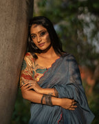 Blue malai cotton saree with kalamkari handwork blouse