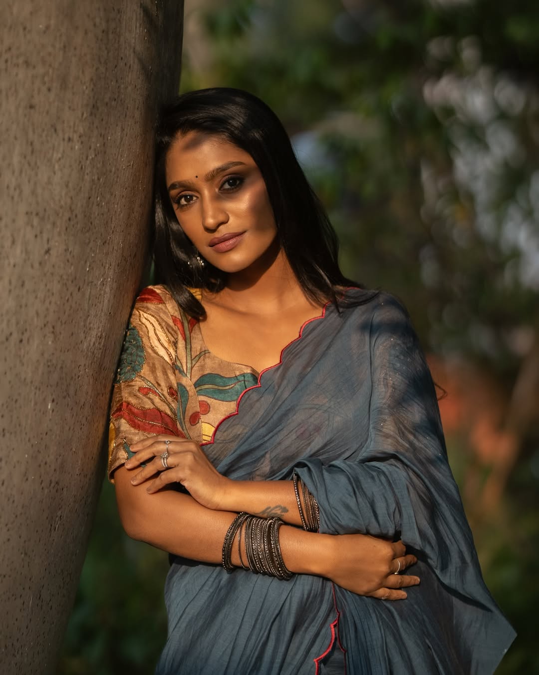 Blue malai cotton saree with kalamkari handwork blouse