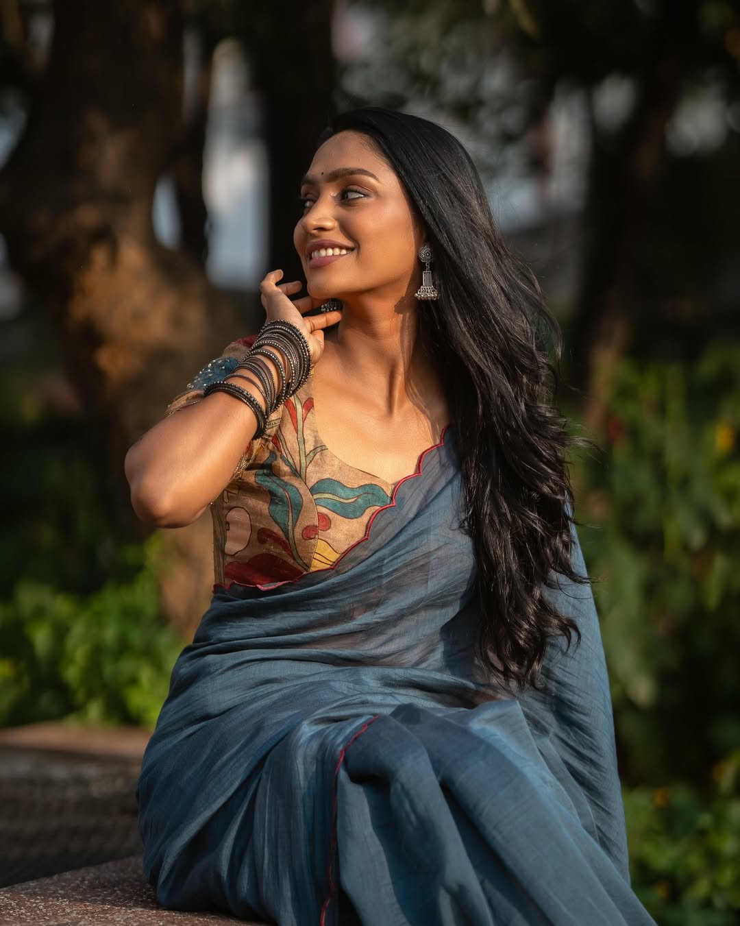 Blue malai cotton saree with kalamkari handwork blouse