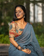 Blue malai cotton saree with kalamkari handwork blouse