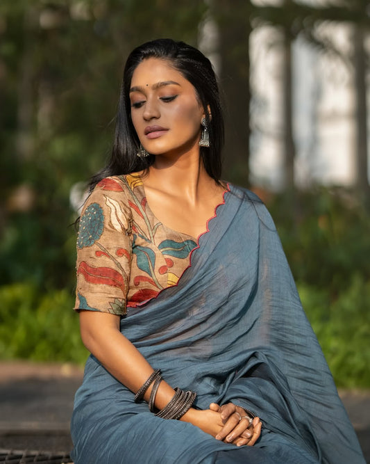 Blue malai cotton saree with kalamkari handwork blouse
