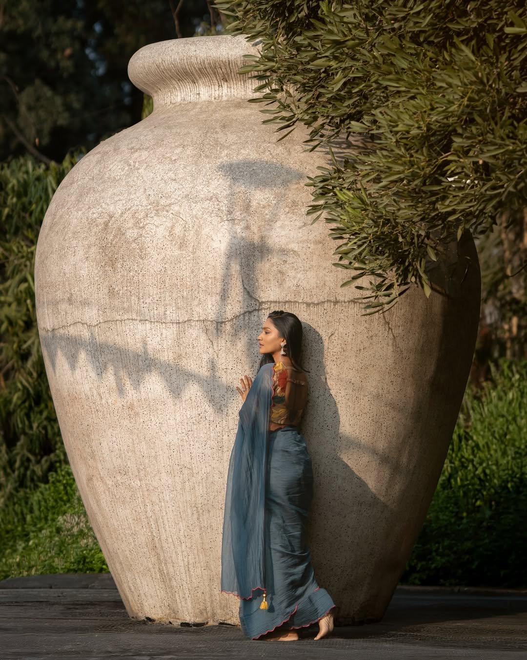 Blue malai cotton saree with kalamkari handwork blouse