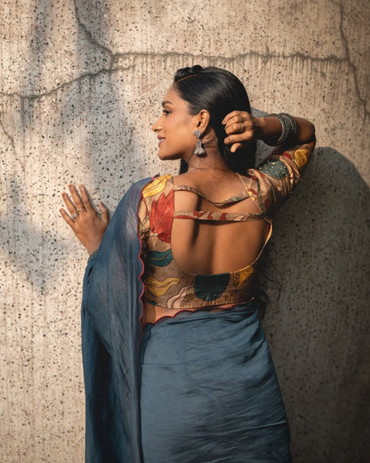 Blue malai cotton saree with kalamkari handwork blouse