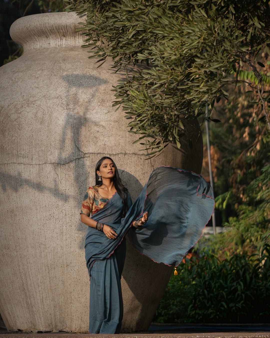 Blue malai cotton saree with kalamkari handwork blouse