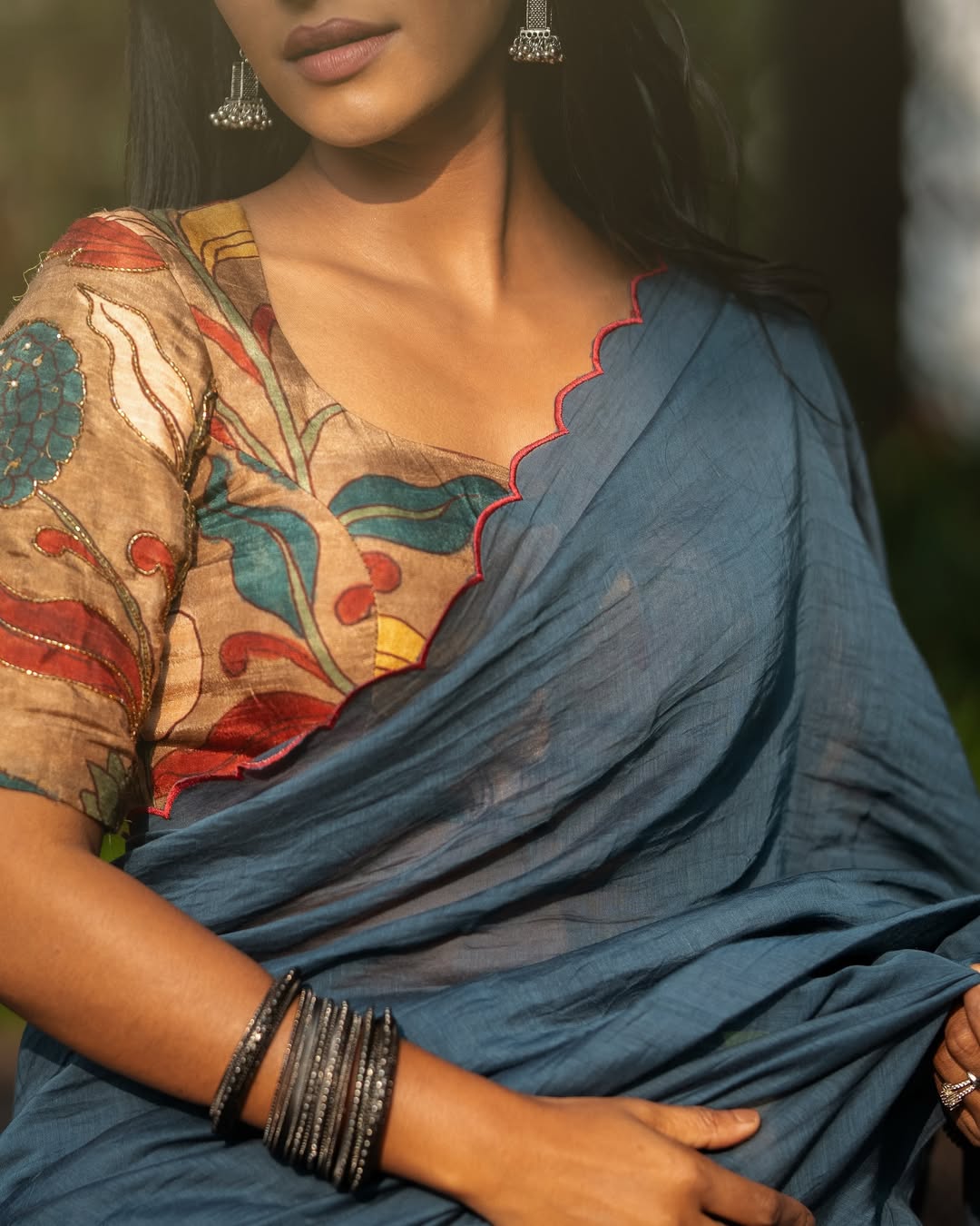 Blue malai cotton saree with kalamkari handwork blouse