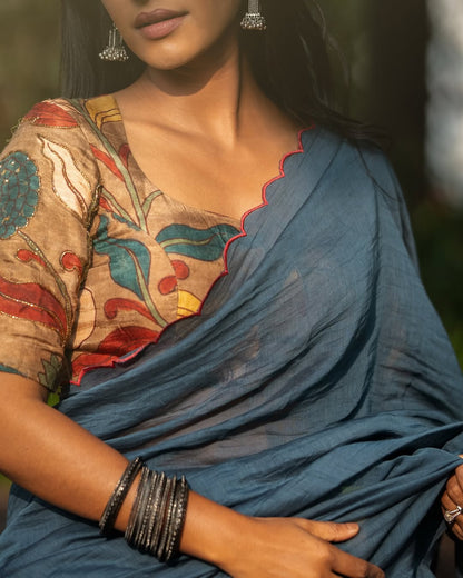 Blue malai cotton saree with kalamkari handwork blouse
