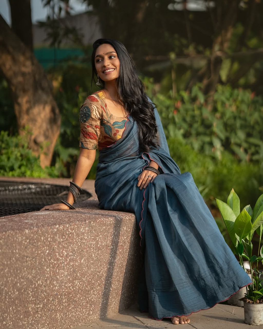 Blue malai cotton saree with kalamkari handwork blouse
