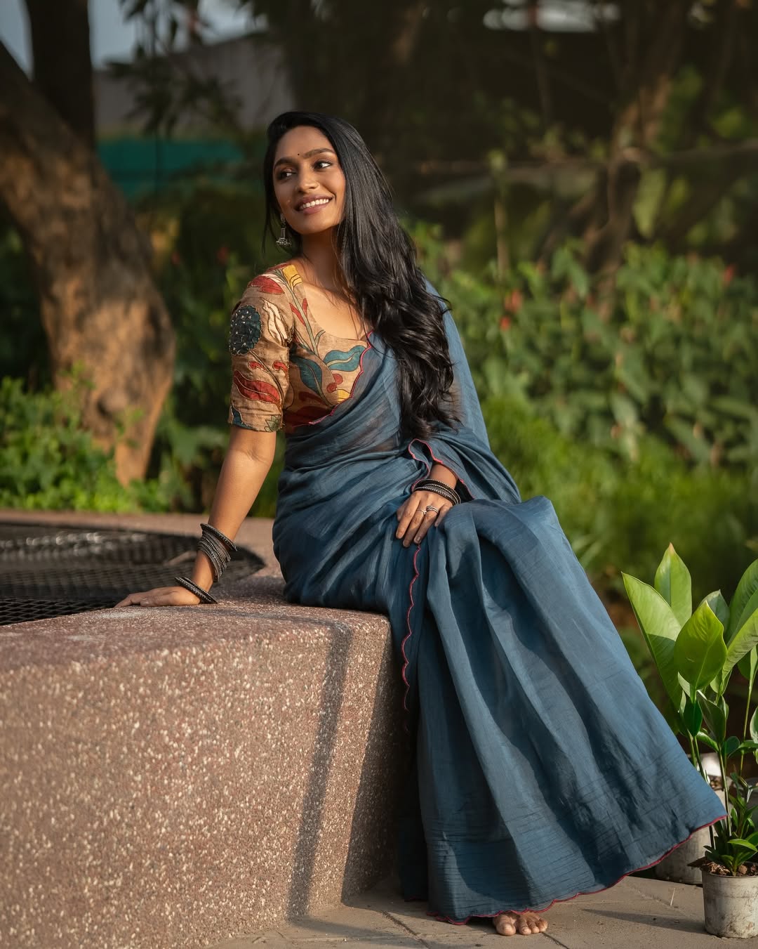 Blue malai cotton saree with kalamkari handwork blouse