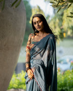 Blue malai cotton saree with kalamkari handwork blouse