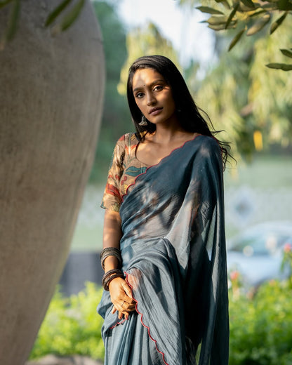 Blue malai cotton saree with kalamkari handwork blouse