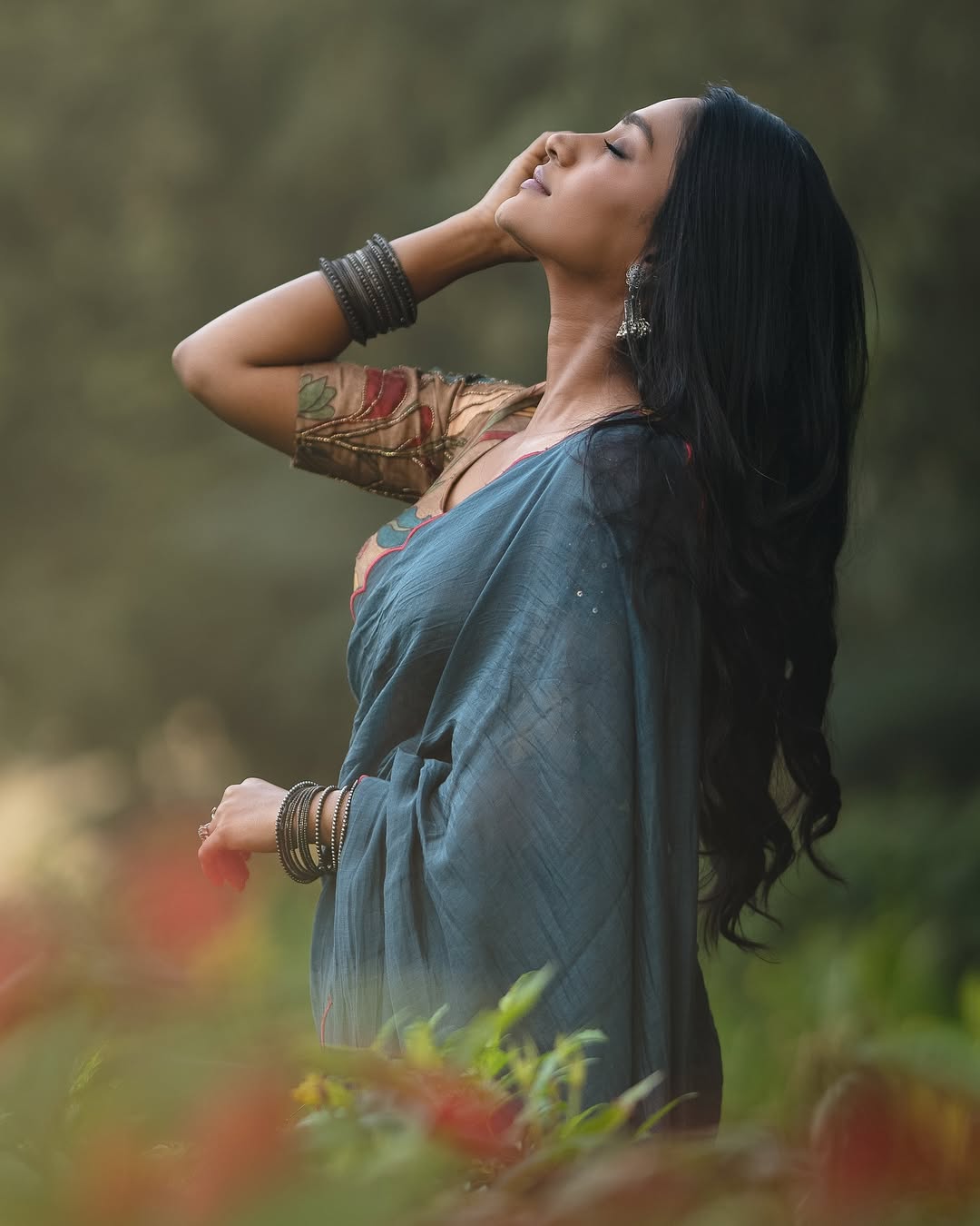 Blue malai cotton saree with kalamkari handwork blouse