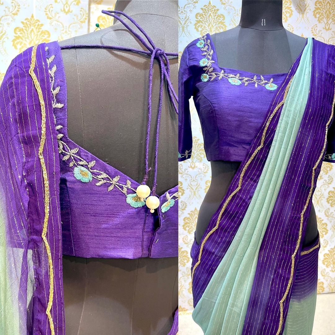 Ombre blue chiffon saree with hand work blouse