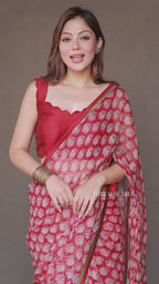 Red cotton kota saree with hand work blouse