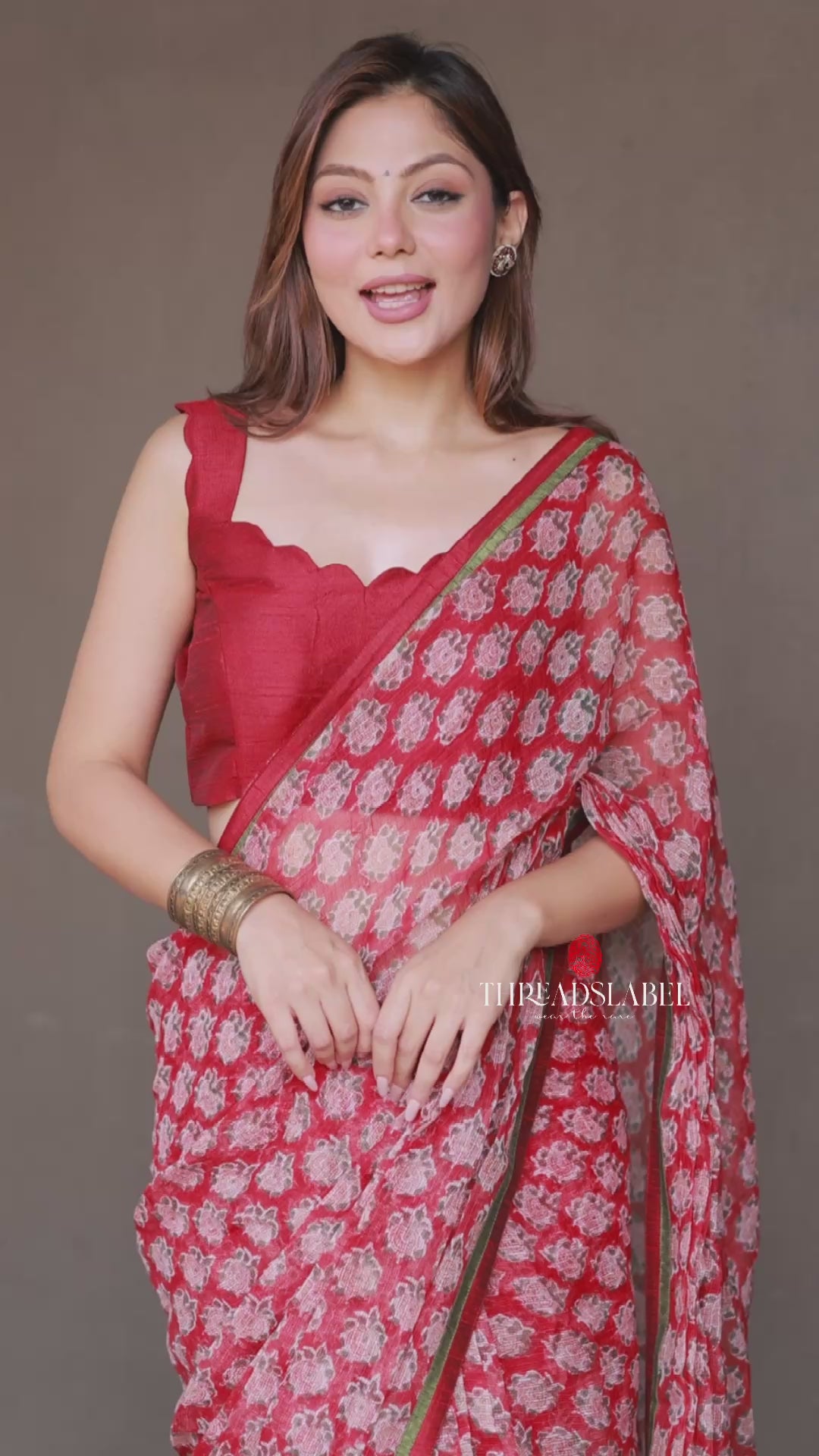 Red cotton kota saree with hand work blouse