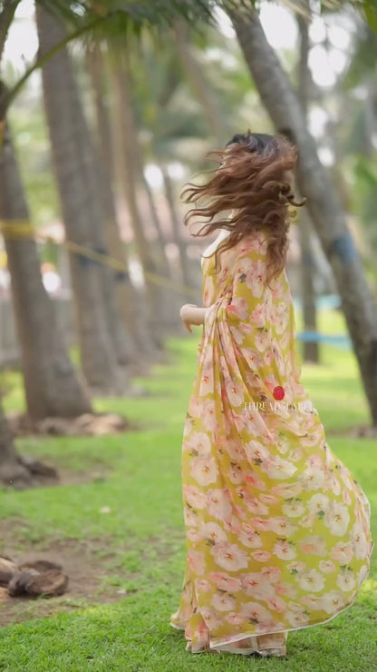 Fenugreek chiffon floral saree with linen mirror blouse